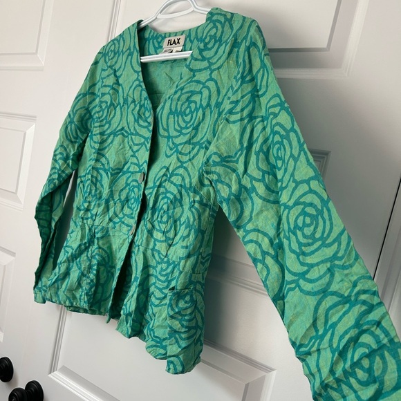 Flax Linen Peplum Teal Rose Floral Button-Up Blouse - Picture 6 of 10